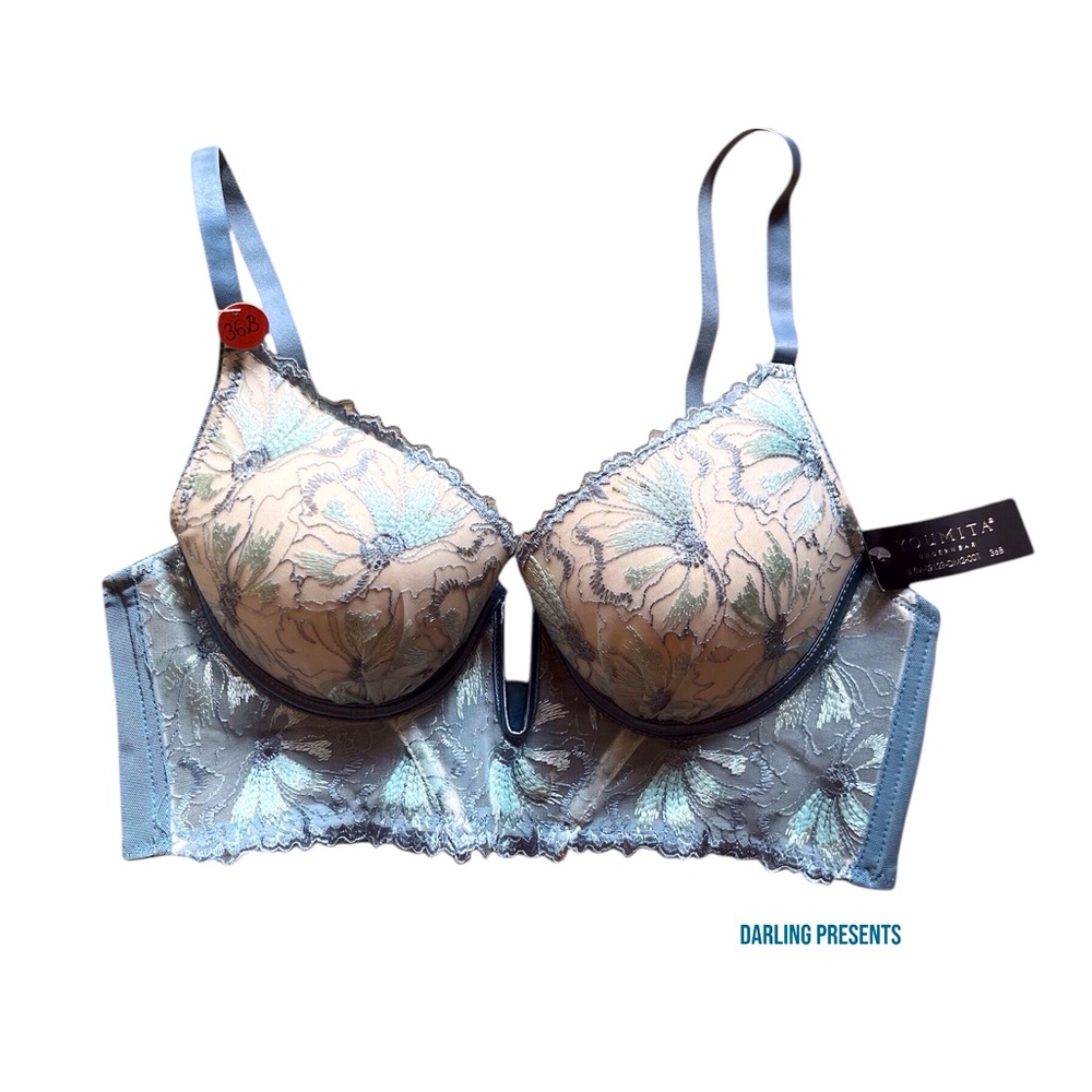 Youmita Balconette Longline Lace Floral Bra Women Color Blue Size 36B